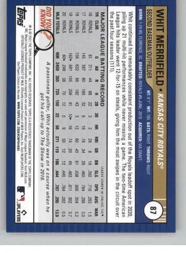 Original gloss Whit Merrifield baseball card from 2021 Topps Big League Big League Orange series