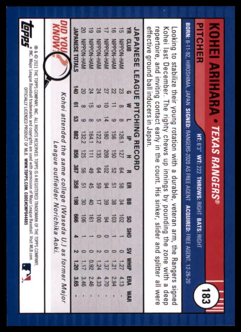 2021 Topps Big League - Orange Kohei Arihara 183 Texas Rangers NM - Baseball Card Single
