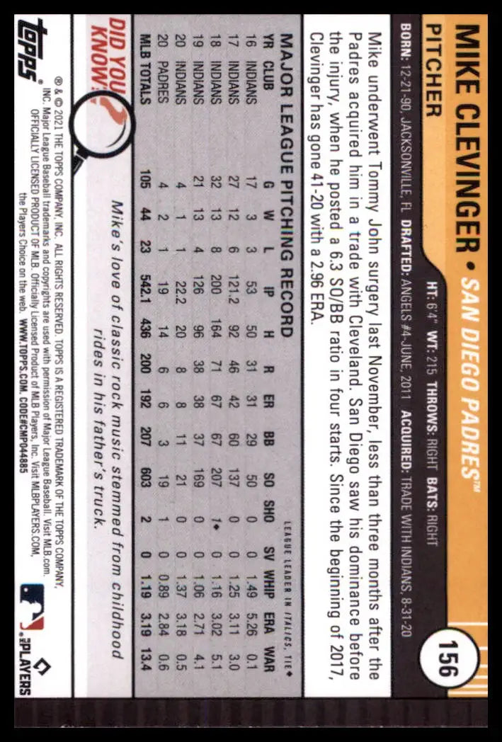 2021 Topps Big League - Orange Mike Clevinger 156 San Diego Padres NM - Baseball Card Single