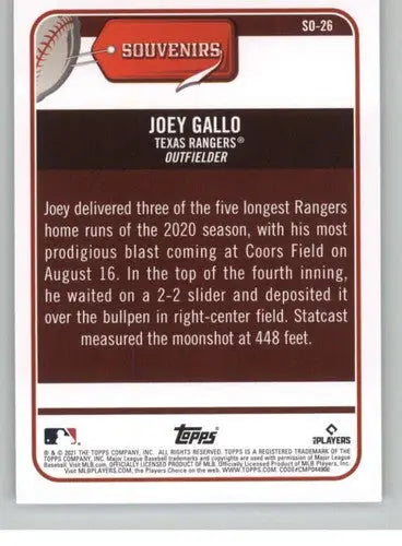 Joey Gallo baseball card back from 2021 Topps Big League Souvenirs with original gloss