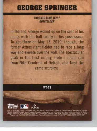 2021 Topps Big League George Springer baseball card with original gloss featuring Blue Jays