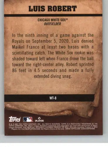 Original gloss baseball card back from 2021 Topps Big League Wanted Luis Robert sports cards