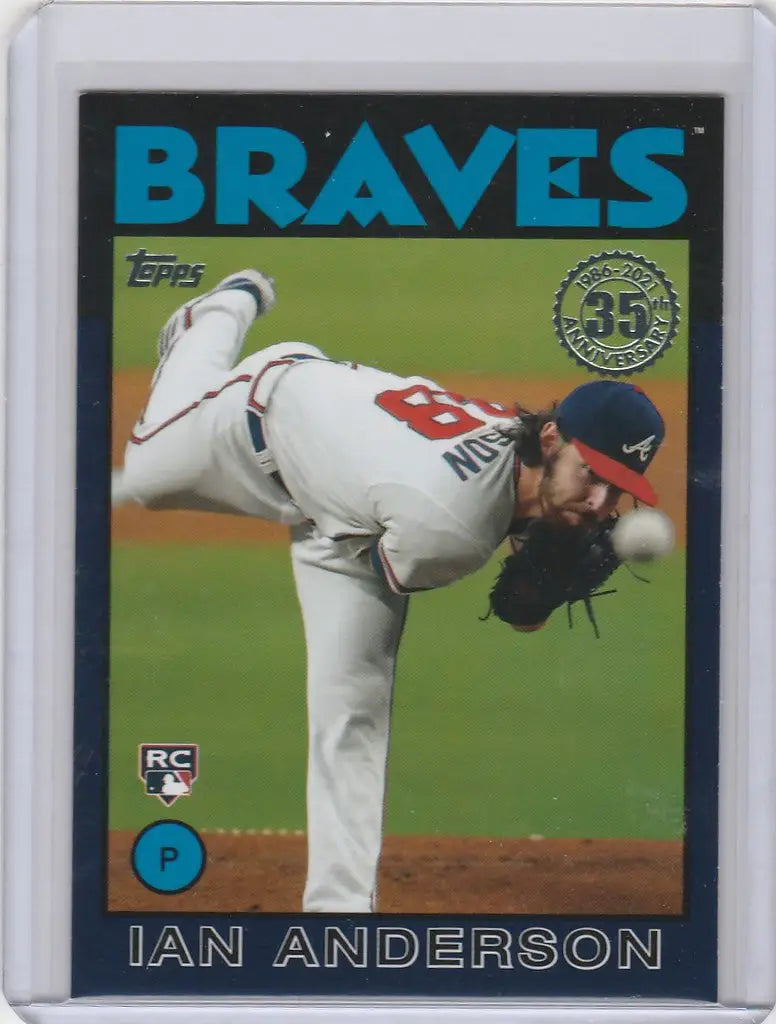 Baseball card of Ian Anderson Atlanta Braves in mid-delivery from Topps Black set