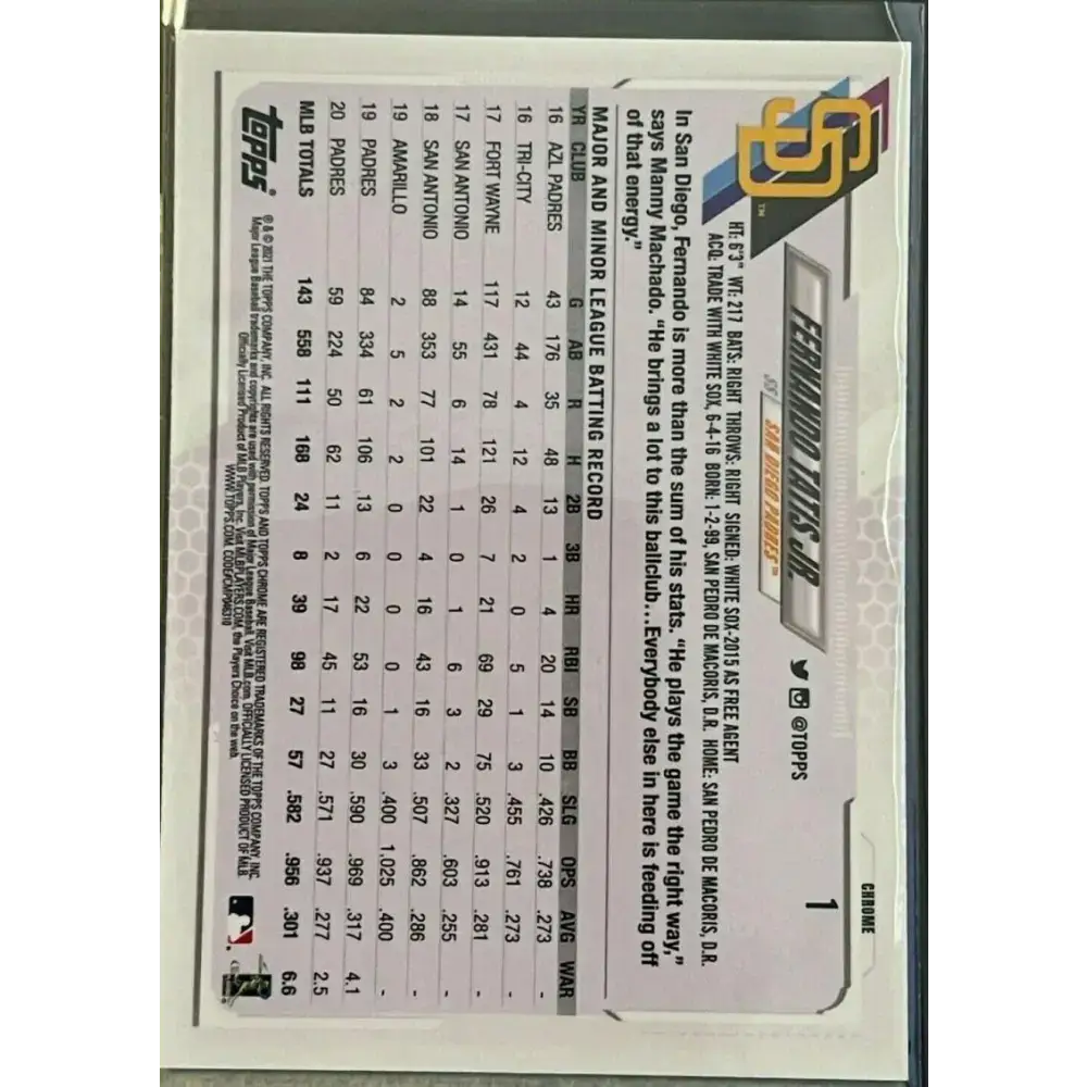 2021 Topps Chrome #1 Fernando Tatis Jr. NM-MT San Diego Padres Baseball Card - Baseball Card Single