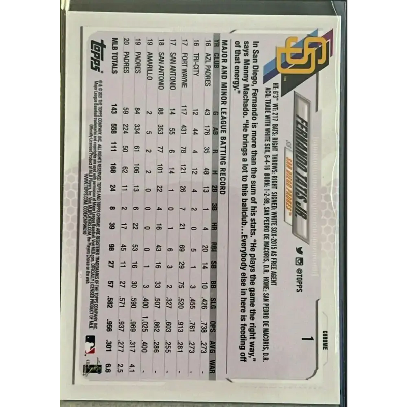 2021 Topps Chrome #1 Fernando Tatis Jr. NM-MT San Diego Padres Baseball Card - Baseball Card Single