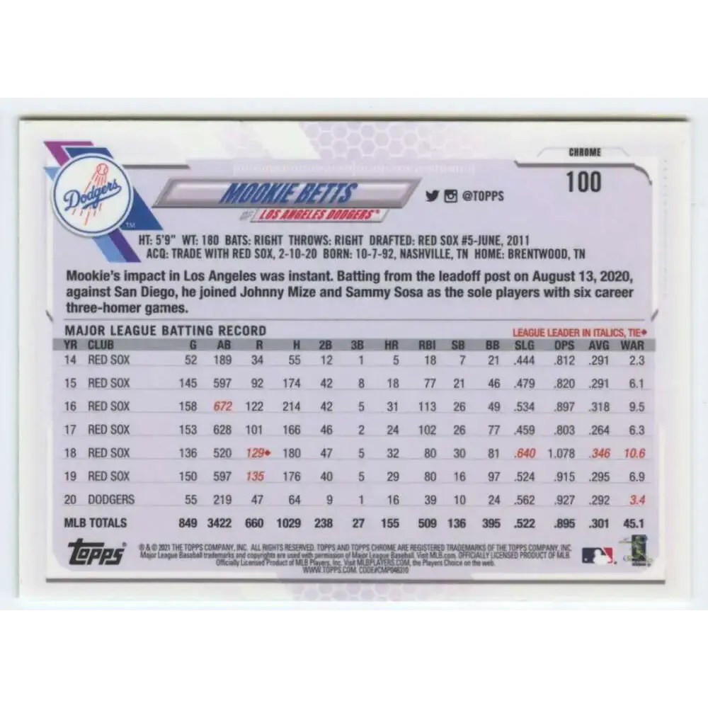 2021 Topps Chrome #100 Mookie Betts NM-MT Los Angeles Dodgers Baseball Card - Baseball Card Single