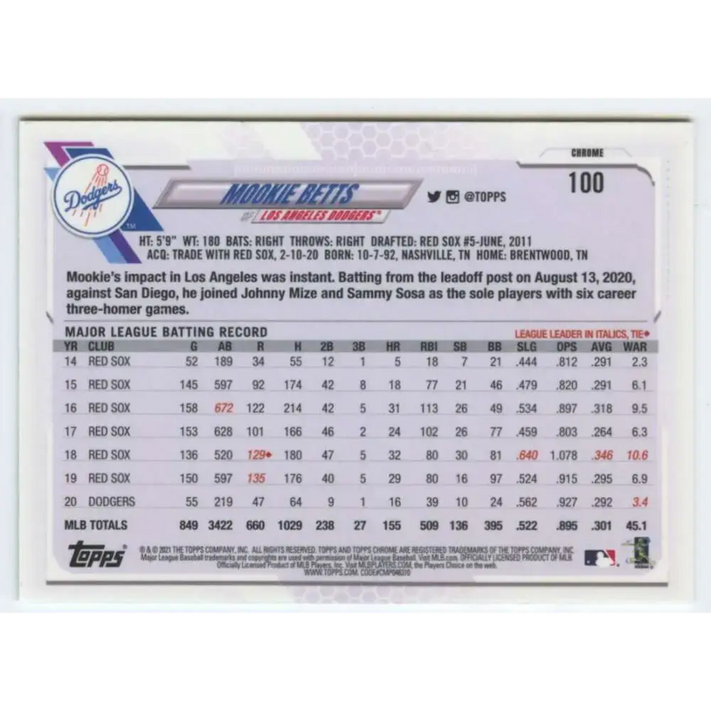 2021 Topps Chrome #100 Mookie Betts NM-MT Los Angeles Dodgers Baseball Card - Baseball Card Single