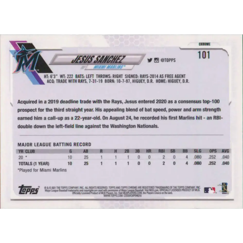 2021 Topps Chrome #101 Jesus Sanchez NM-MT RC Rookie Miami Marlins Baseball Card - Baseball Card Single