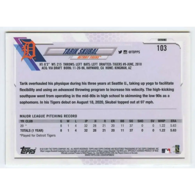 2021 Topps Chrome #103 Tarik Skubal NM-MT RC Rookie Detroit Tigers Baseball Card - Baseball Card Single