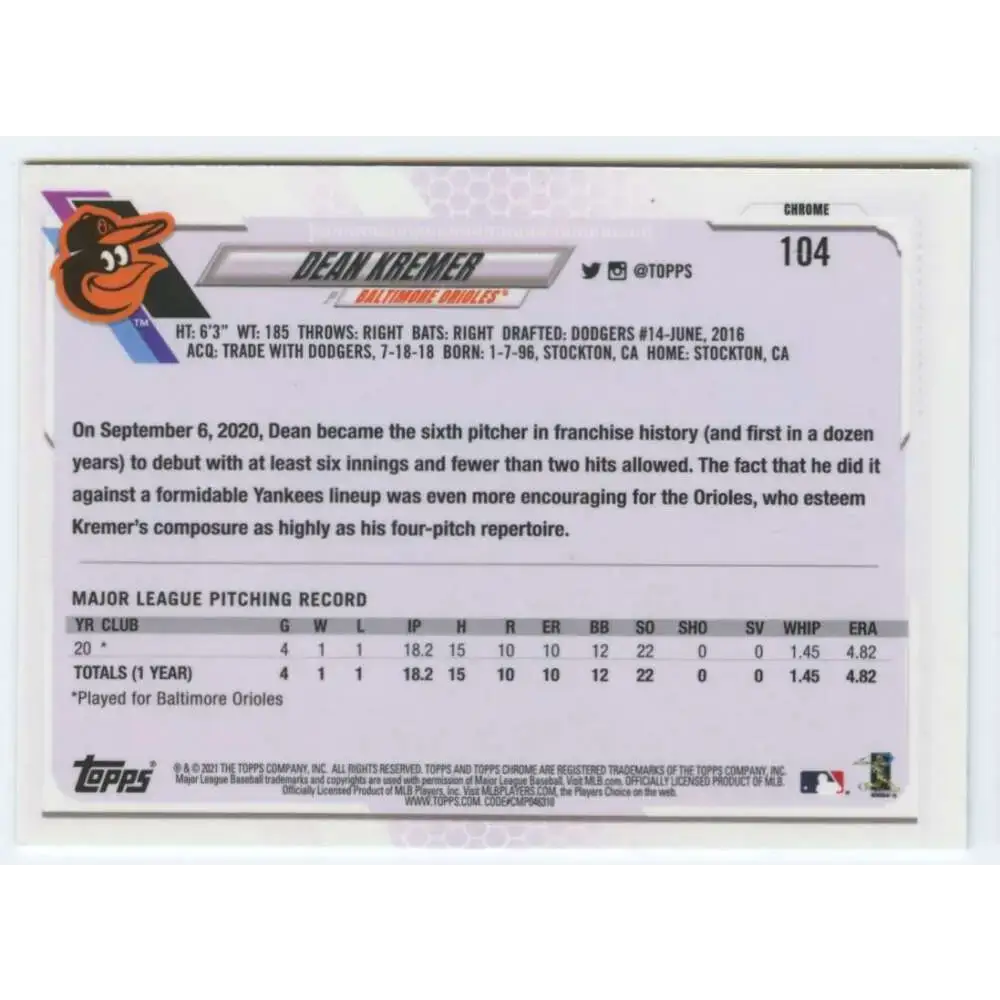 2021 Topps Chrome #104 Dean Kremer NM-MT RC Rookie Baltimore Orioles Baseball Card - Baseball Card Single