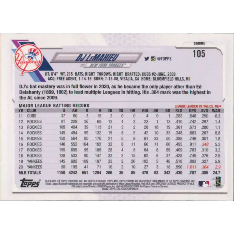 2021 Topps Chrome #105 DJ LeMahieu NM-MT New York Yankees Baseball Card - Baseball Card Single