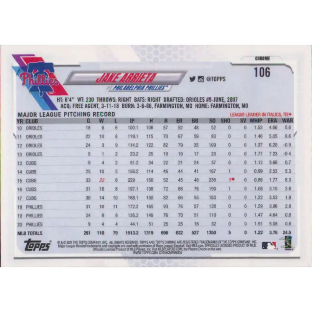 2021 Topps Chrome #106 Jake Arrieta NM-MT Philadelphia Phillies Baseball Card - Baseball Card Single