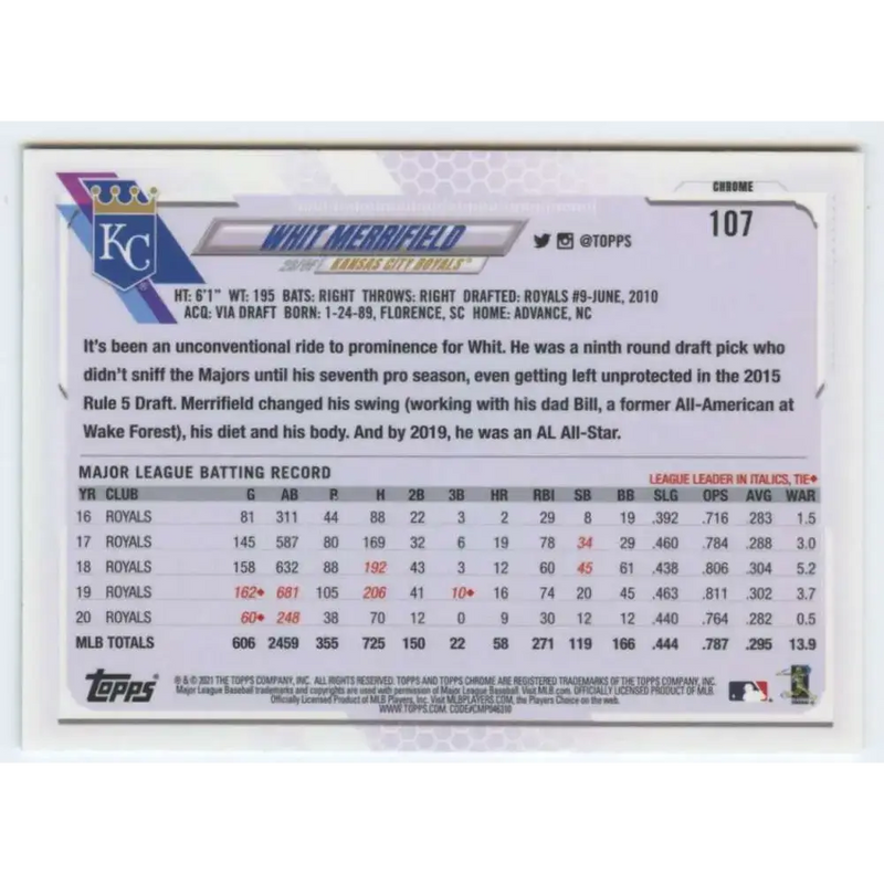 2021 Topps Chrome #107 Whit Merrifield NM-MT Kansas City Royals Baseball Card - Baseball Card Single