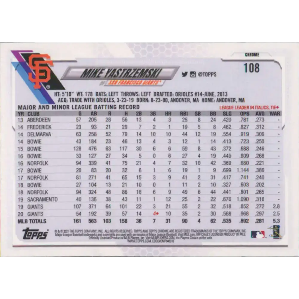 2021 Topps Chrome #108 Mike Yastrzemski NM-MT San Francisco Giants Baseball Card - Baseball Card Single
