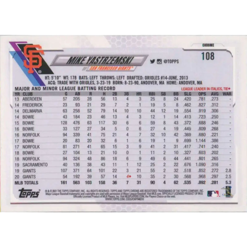 2021 Topps Chrome #108 Mike Yastrzemski NM-MT San Francisco Giants Baseball Card - Baseball Card Single