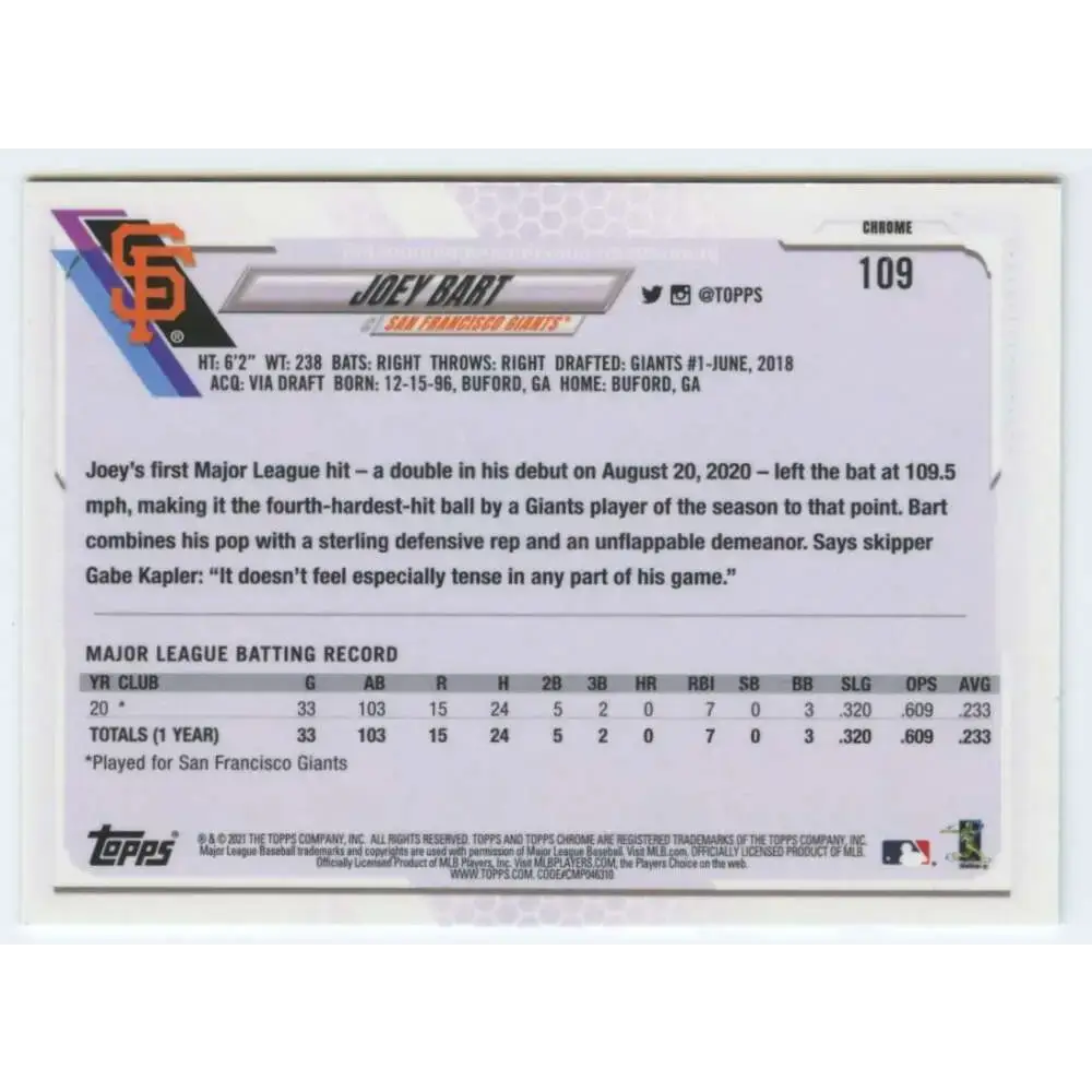 2021 Topps Chrome #109 Joey Bart NM-MT RC Rookie San Francisco Giants Baseball Card - Baseball Card Single