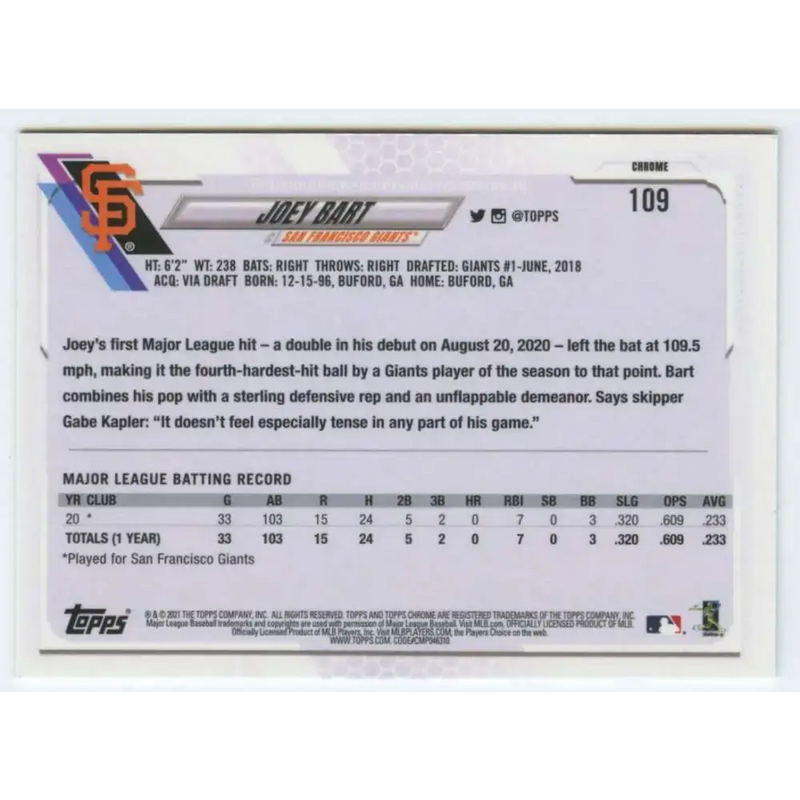 2021 Topps Chrome #109 Joey Bart NM-MT RC Rookie San Francisco Giants Baseball Card - Baseball Card Single