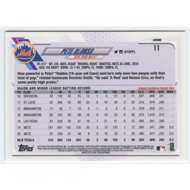 2021 Topps Chrome #11 Pete Alonso NM-MT New York Mets Baseball Card - Baseball Card Single
