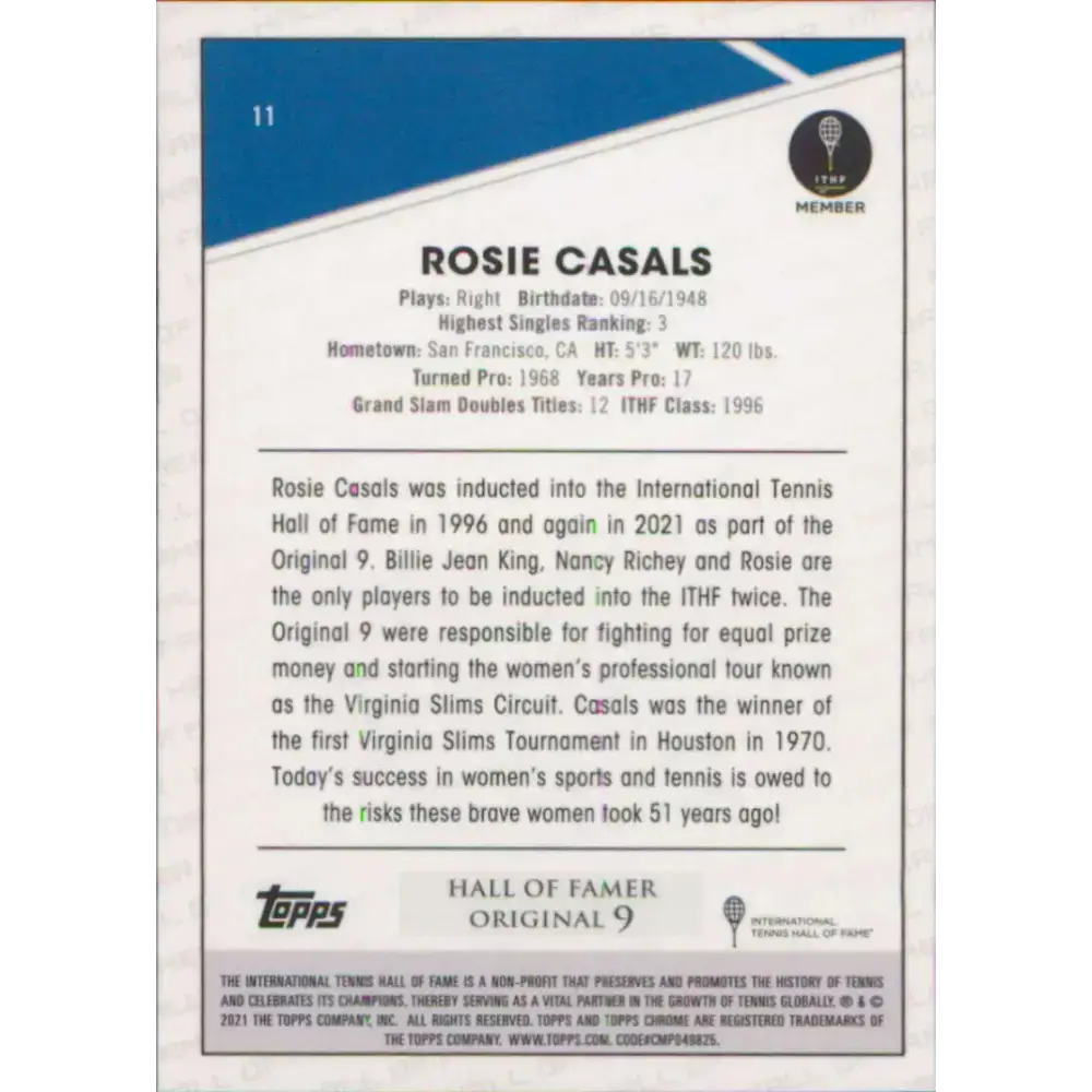 2021 Topps Chrome #11 Rosie Casals NM-MT Tennis Card - Tennis Card Single