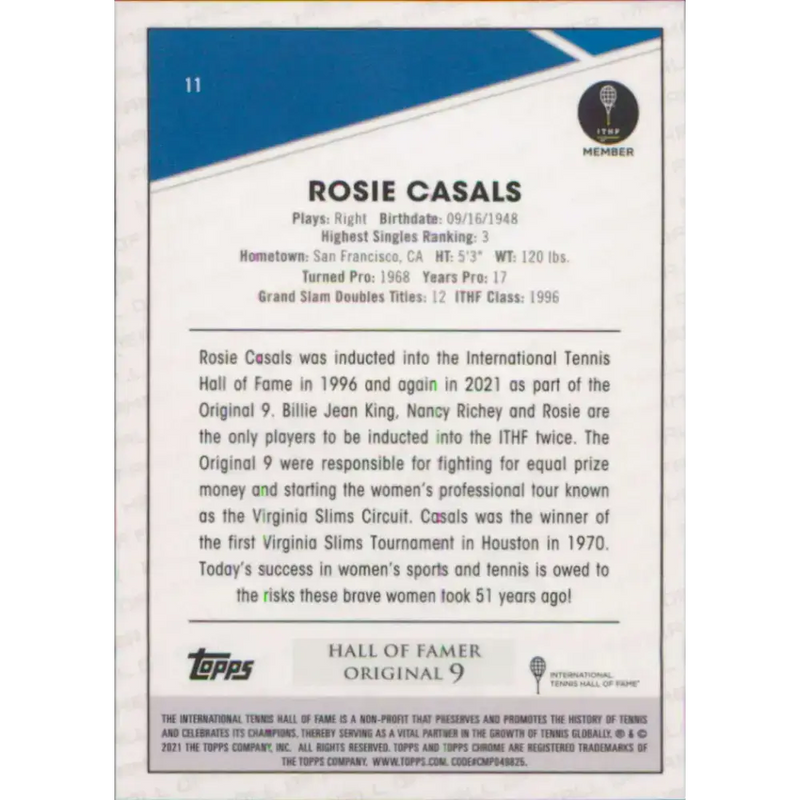 2021 Topps Chrome #11 Rosie Casals NM-MT Tennis Card - Tennis Card Single
