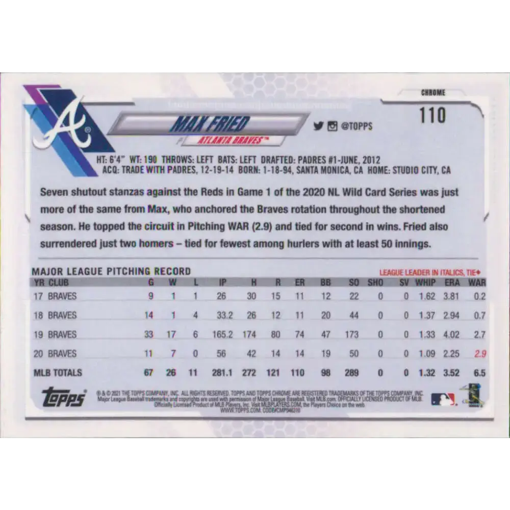 2021 Topps Chrome #110 Max Fried NM-MT Atlanta Braves Baseball Card - Baseball Card Single