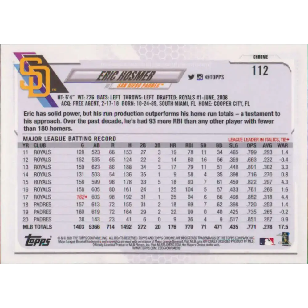 2021 Topps Chrome #112 Eric Hosmer NM-MT San Diego Padres Baseball Card - Baseball Card Single