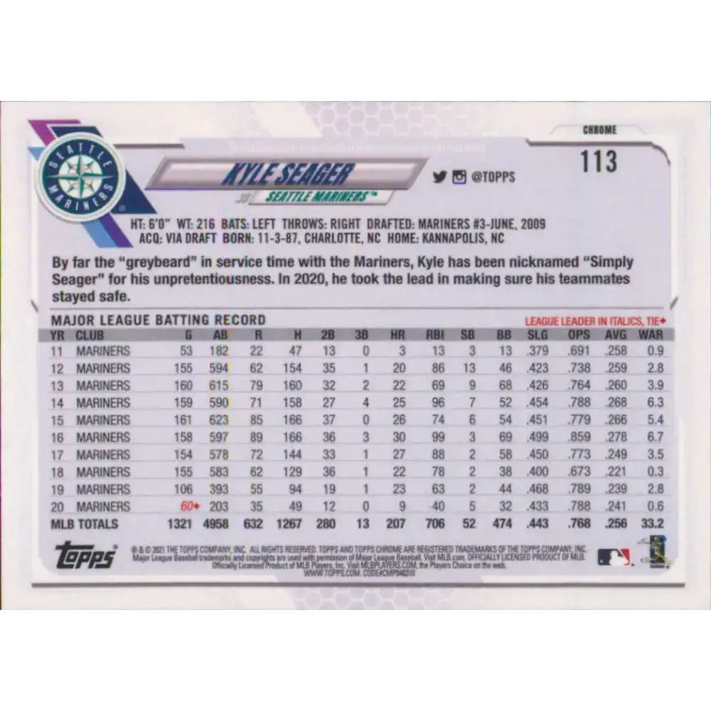 2021 Topps Chrome #113 Kyle Seager NM-MT Seattle Mariners Baseball Card - Baseball Card Single