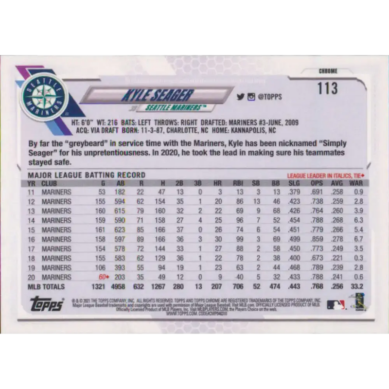 2021 Topps Chrome #113 Kyle Seager NM-MT Seattle Mariners Baseball Card - Baseball Card Single