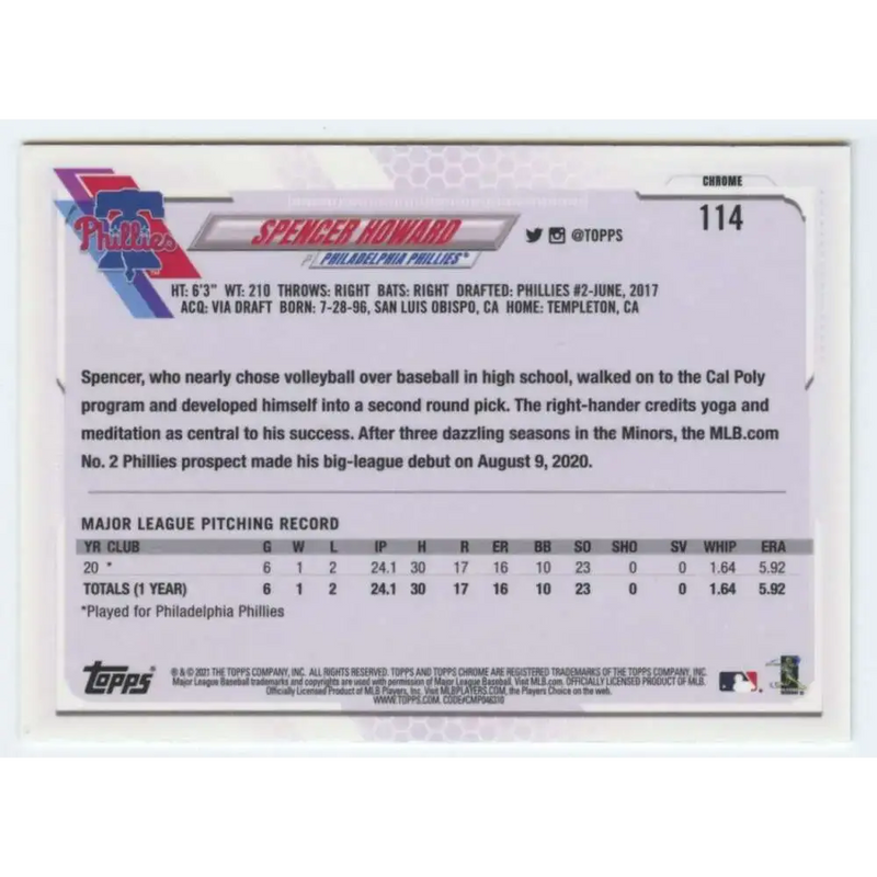 2021 Topps Chrome #114 Spencer Howard NM-MT RC Rookie Philadelphia Phillies Baseball Card - Baseball Card Single