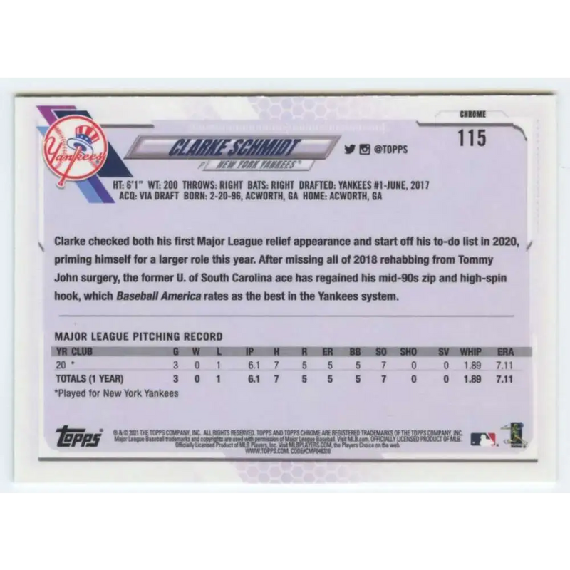 2021 Topps Chrome #115 Clarke Schmidt NM-MT RC Rookie New York Yankees Baseball Card - Baseball Card Single