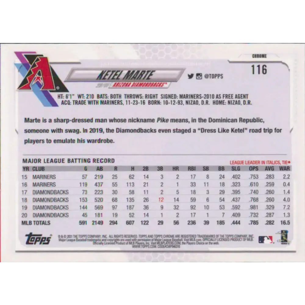 2021 Topps Chrome #116 Ketel Marte NM-MT Arizona Diamondbacks Baseball Card - Baseball Card Single
