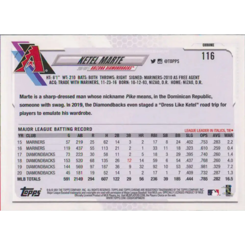2021 Topps Chrome #116 Ketel Marte NM-MT Arizona Diamondbacks Baseball Card - Baseball Card Single