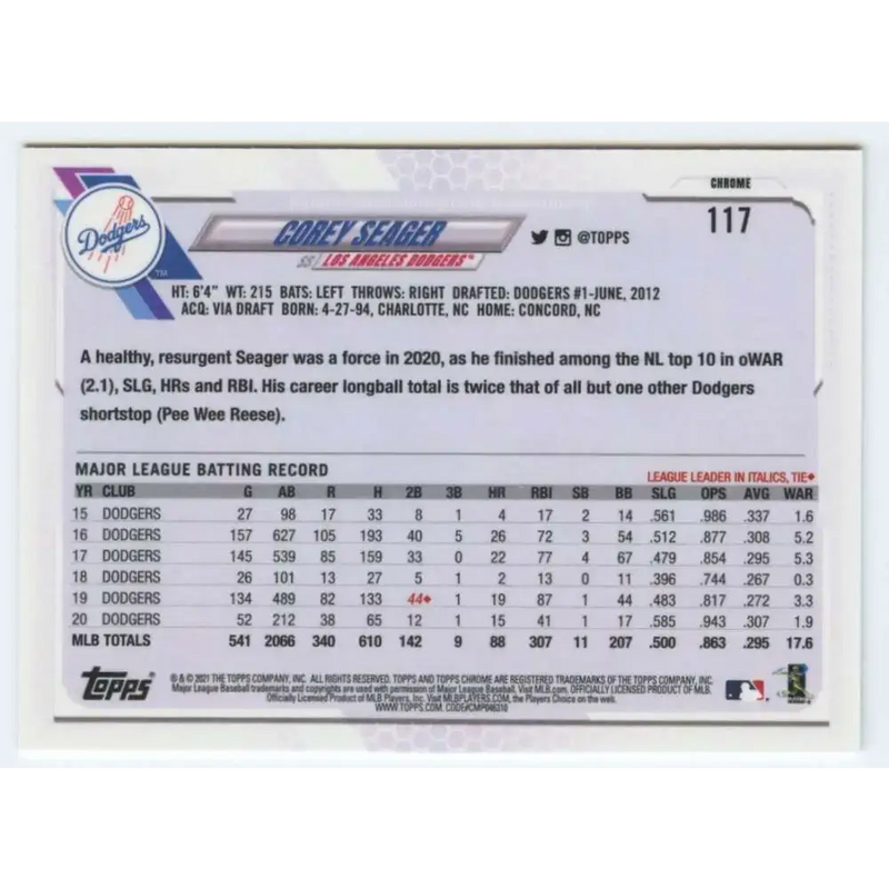 2021 Topps Chrome #117 Corey Seager NM-MT Los Angeles Dodgers Baseball Card - Baseball Card Single