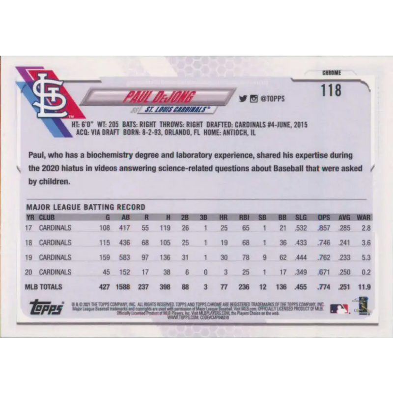2021 Topps Chrome #118 Paul DeJong NM-MT St. Louis Cardinals Baseball Card - Baseball Card Single