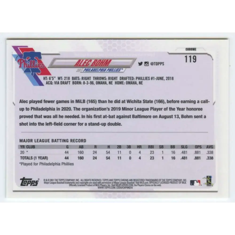 2021 Topps Chrome #119 Alec Bohm NM-MT RC Rookie Philadelphia Phillies Baseball Card - Baseball Card Single