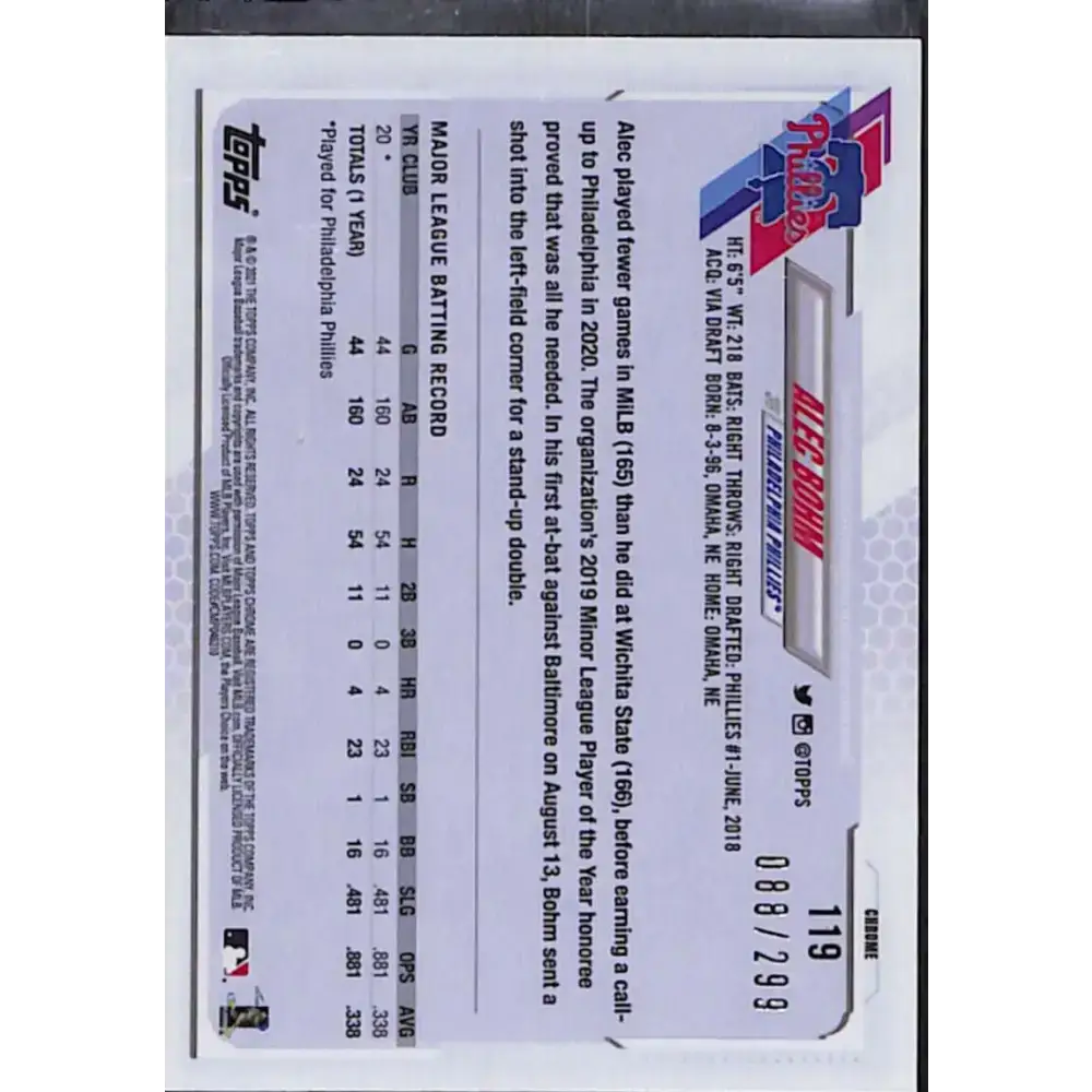 2021 Topps Chrome #119 Alec Bohm Purple Refractor #/299 NM-MT Baseball Card - Baseball Card Single