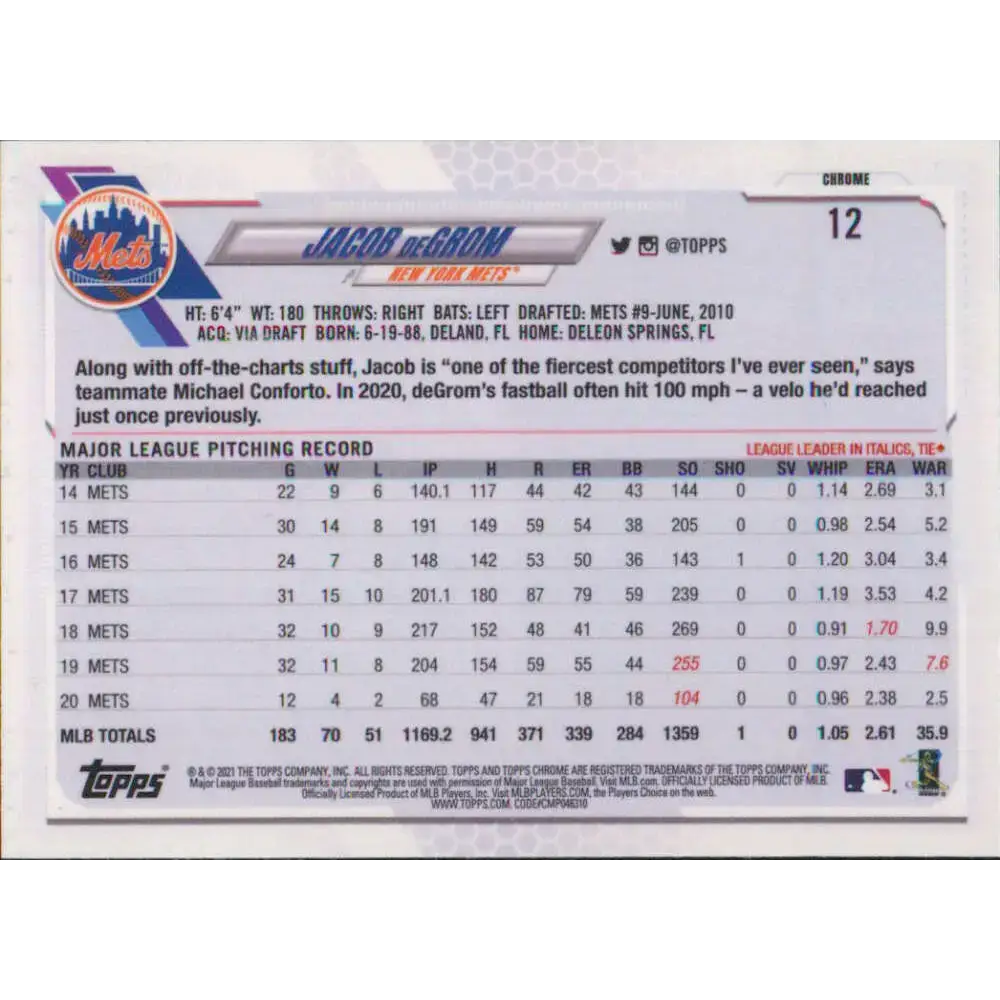 2021 Topps Chrome #12 Jacob deGrom NM-MT New York Mets Baseball Card - Baseball Card Single