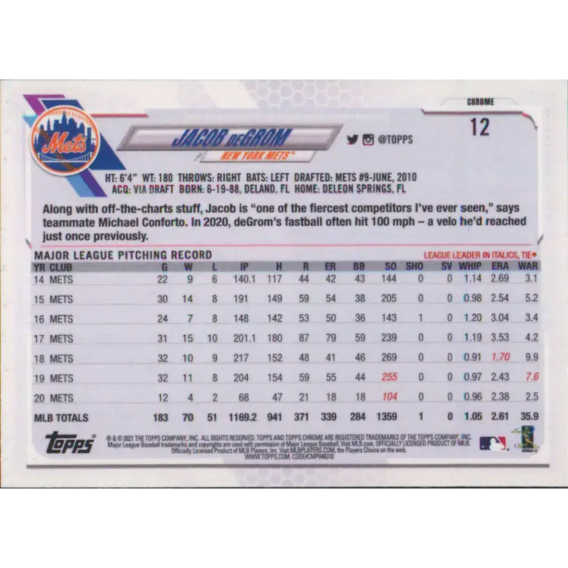 2021 Topps Chrome #12 Jacob deGrom NM-MT New York Mets Baseball Card - Baseball Card Single