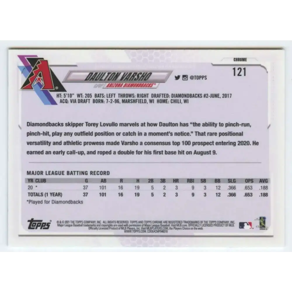 2021 Topps Chrome #121 Daulton Varsho NM-MT RC Rookie Arizona Diamondbacks Baseball Card - Baseball Card Single