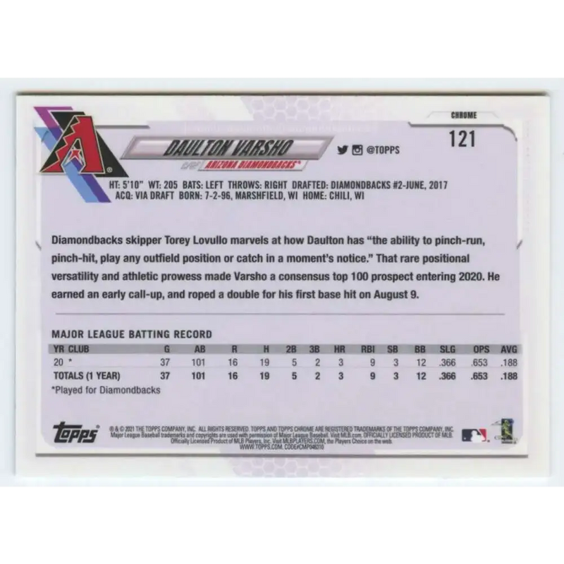 2021 Topps Chrome #121 Daulton Varsho NM-MT RC Rookie Arizona Diamondbacks Baseball Card - Baseball Card Single
