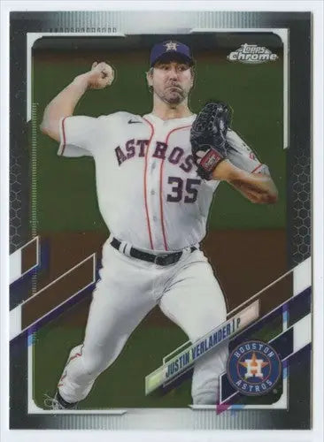 Justin Verlander baseball card from 2021 Topps Chrome featuring original gloss and sports cards