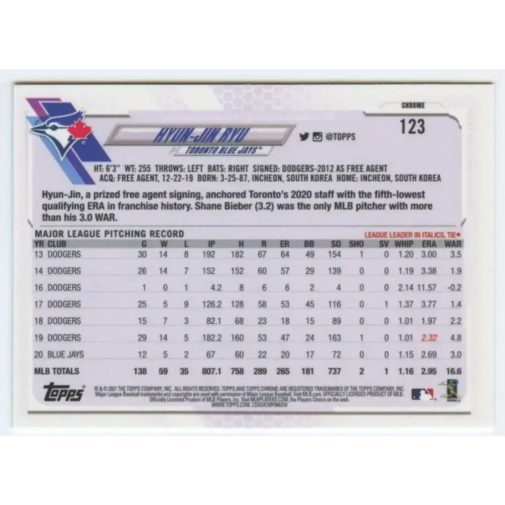 2021 Topps Chrome #123 Hyun-Jin Ryu NM-MT Toronto Blue Jays Baseball Card - Baseball Card Single