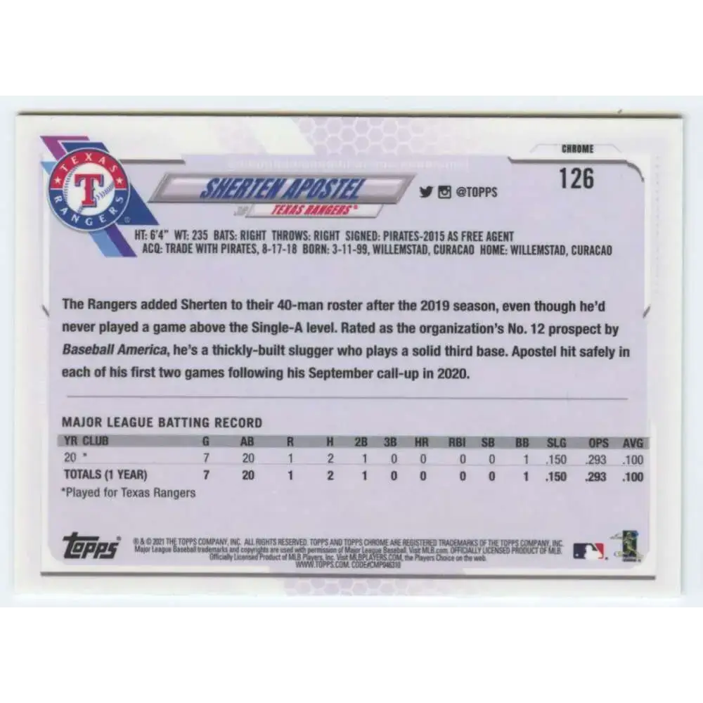2021 Topps Chrome #126 Sherten Apostel NM-MT RC Rookie Texas Rangers Baseball Card - Baseball Card Single