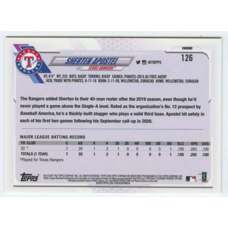 2021 Topps Chrome #126 Sherten Apostel NM-MT RC Rookie Texas Rangers Baseball Card - Baseball Card Single