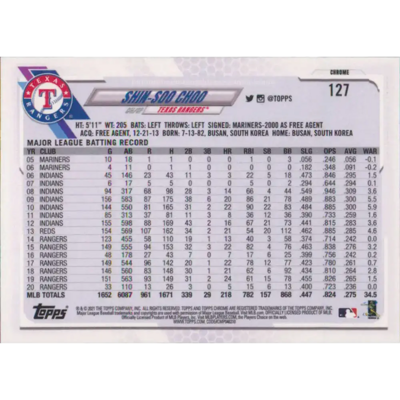 2021 Topps Chrome #127 Shin-Soo Choo NM-MT Texas Rangers Baseball Card - Baseball Card Single
