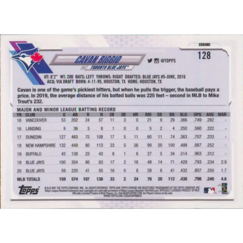 2021 Topps Chrome #128 Cavan Biggio NM-MT Toronto Blue Jays Baseball Card - Baseball Card Single