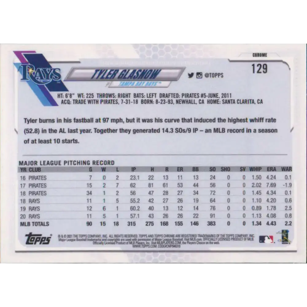 2021 Topps Chrome #129 Tyler Glasnow NM-MT Tampa Bay Rays Baseball Card - Baseball Card Single