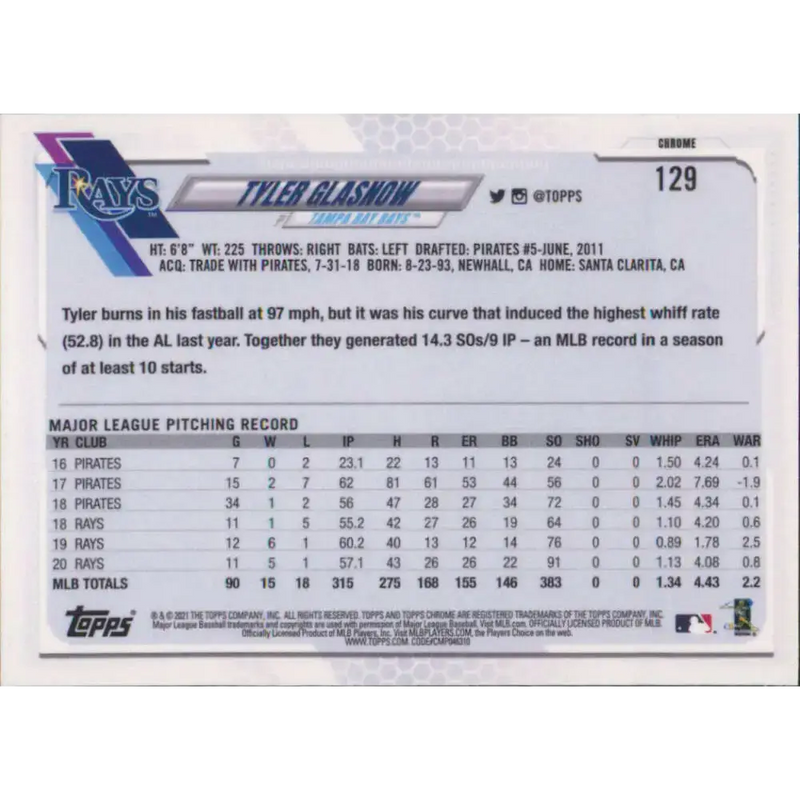 2021 Topps Chrome #129 Tyler Glasnow NM-MT Tampa Bay Rays Baseball Card - Baseball Card Single
