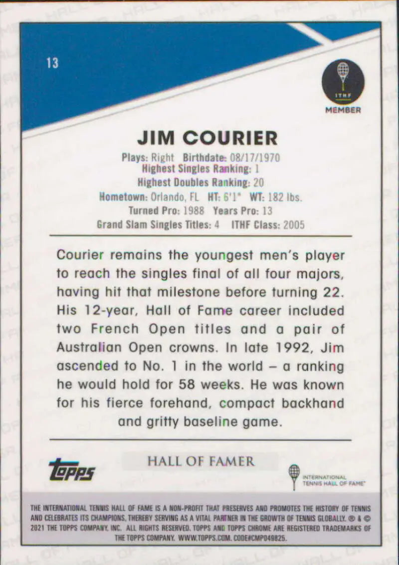 2021 Topps Chrome #13 Jim Courier EX Excellent Tennis Card - Other