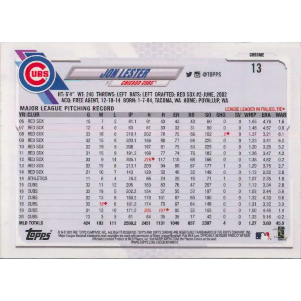 2021 Topps Chrome #13 Jon Lester NM-MT Chicago Cubs Baseball Card - Baseball Card Single